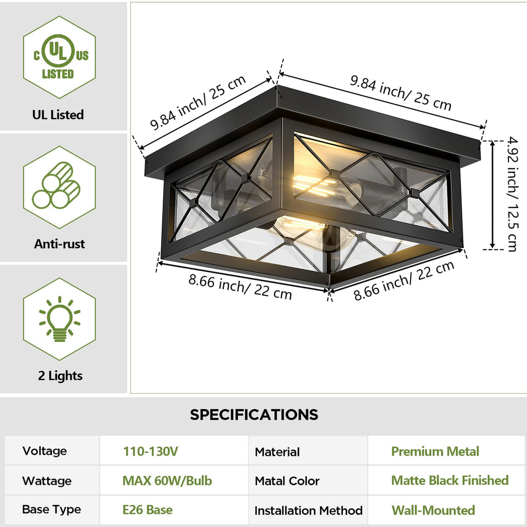 Farmhouse Light Fixtures Ceiling Mount, 2-Light Black Flush Mount Ceiling Light with Clear Glass Shade, Metal Cage