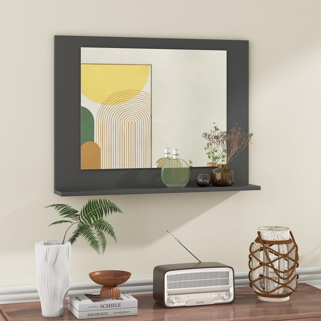 Bathroom Mirror with Shelf, 23.5" x 17.5" Rectangle Wood Frame Bathroom Vanity Mirror for Over Sink, Wall Mounted