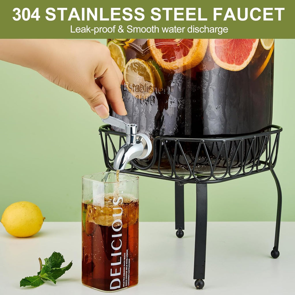 2 Gallon Beverage Dispenser with Stand and Lid, 18/8 Stainless Steel Spigot - Mason Jar Drink Dispensers with Lids
