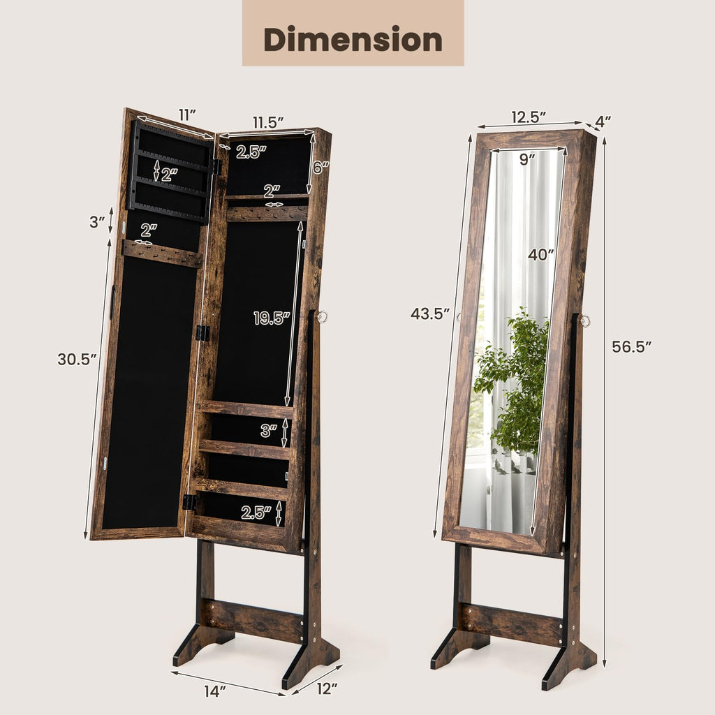 Jewelry Cabinet, Jewelry Organizer with Full Length Mirror Door, Standing Makeup Mirror Cabinet, Freestanding Jewelry