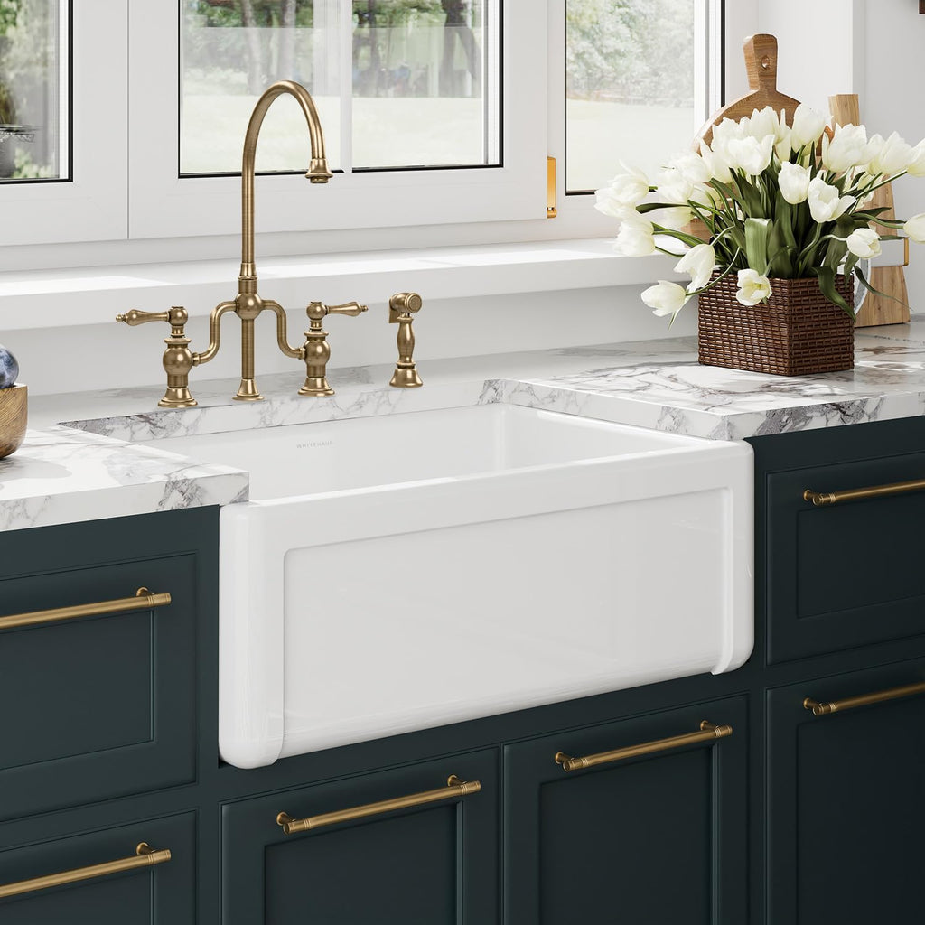 Kitchen Sink, 27" Reversible Single Bowl Fireclay Sink with Three Edge Frame, Plain Front Apron, Gloss White Finish