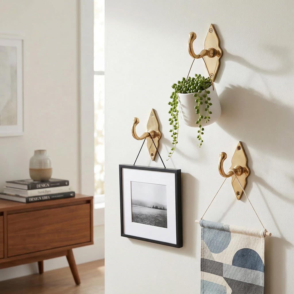 Unlacquered Solid Brass Wall Hooks - Heavy Duty Handmade Coat Hooks for Wall Mount | Decorative Brass Towel Hooks