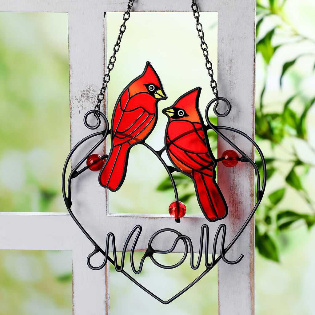 Red Cardinal Stained Glass Suncatcher Bird Ornament with Chain