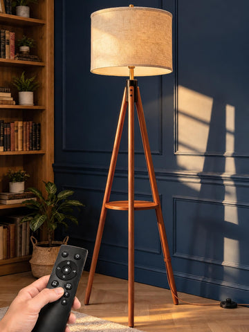 Mid Century Solid Wood Tripod Floor Lamp with Tary & Remote Control