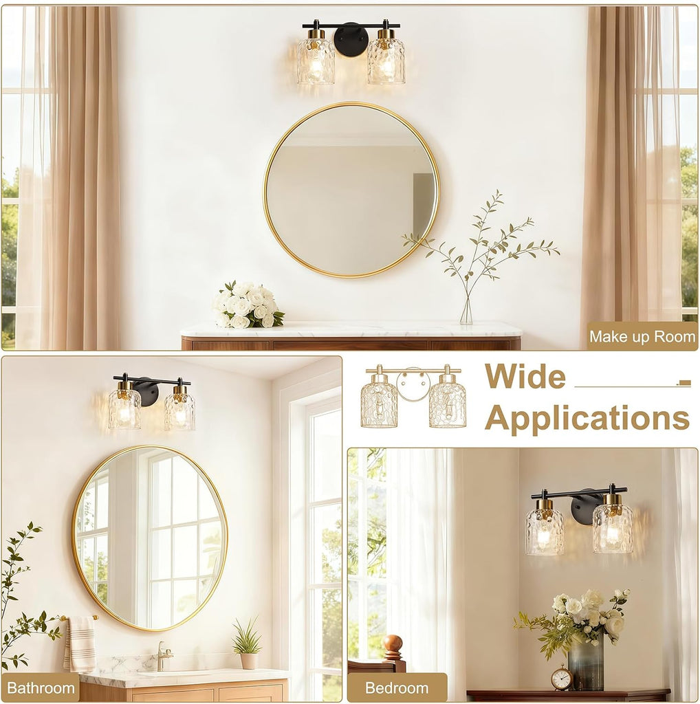 2 Light Black and Brass Vanity Light with Hammered Glass over Mirror Makeup | 13.7" Black and Gold Farmhouse Bathroom