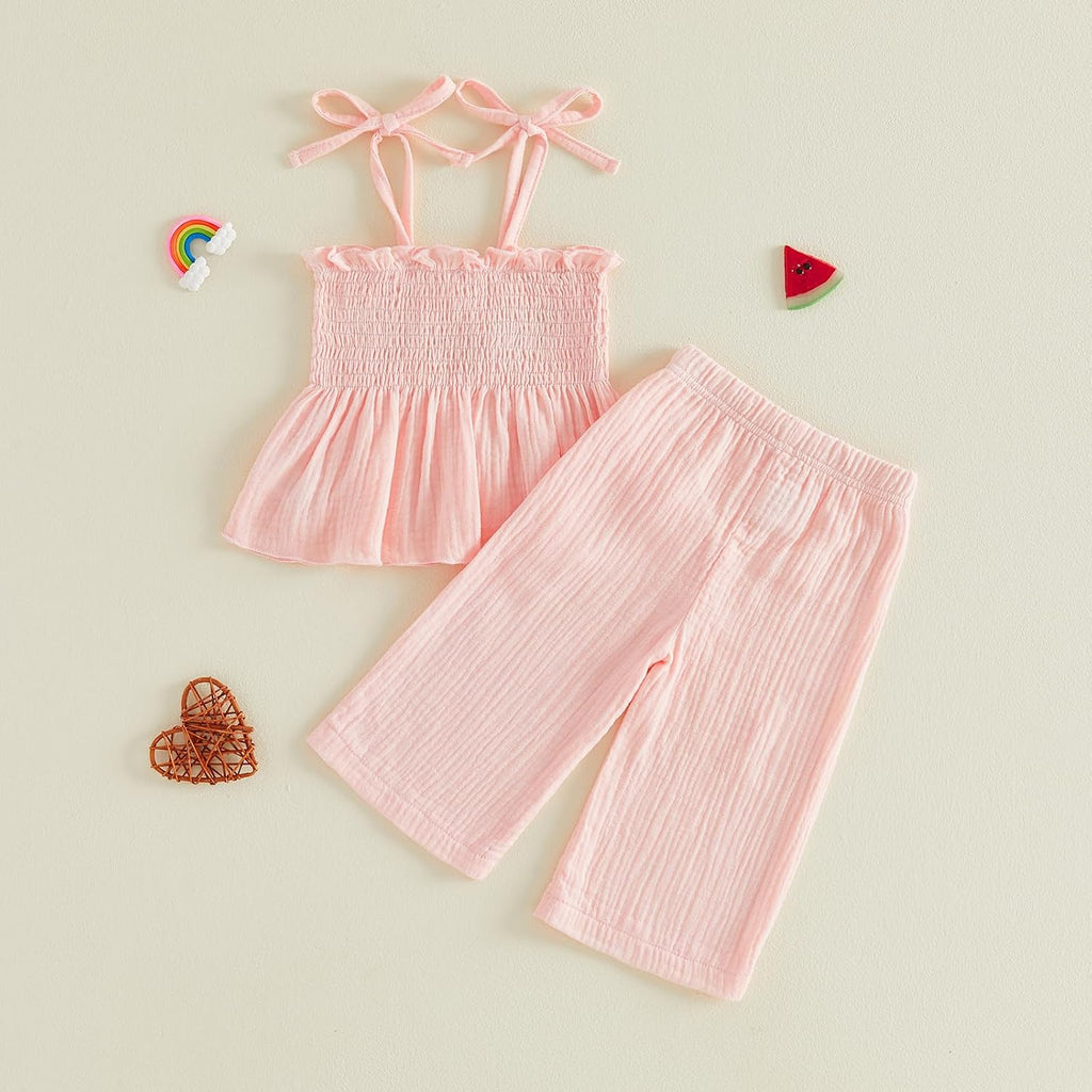 Toddler Girl Summer Outfits Strawberry/Watermelon/Avocado Smocked Tank Tops Linen Pants Cute Muslin 2 Piece Set