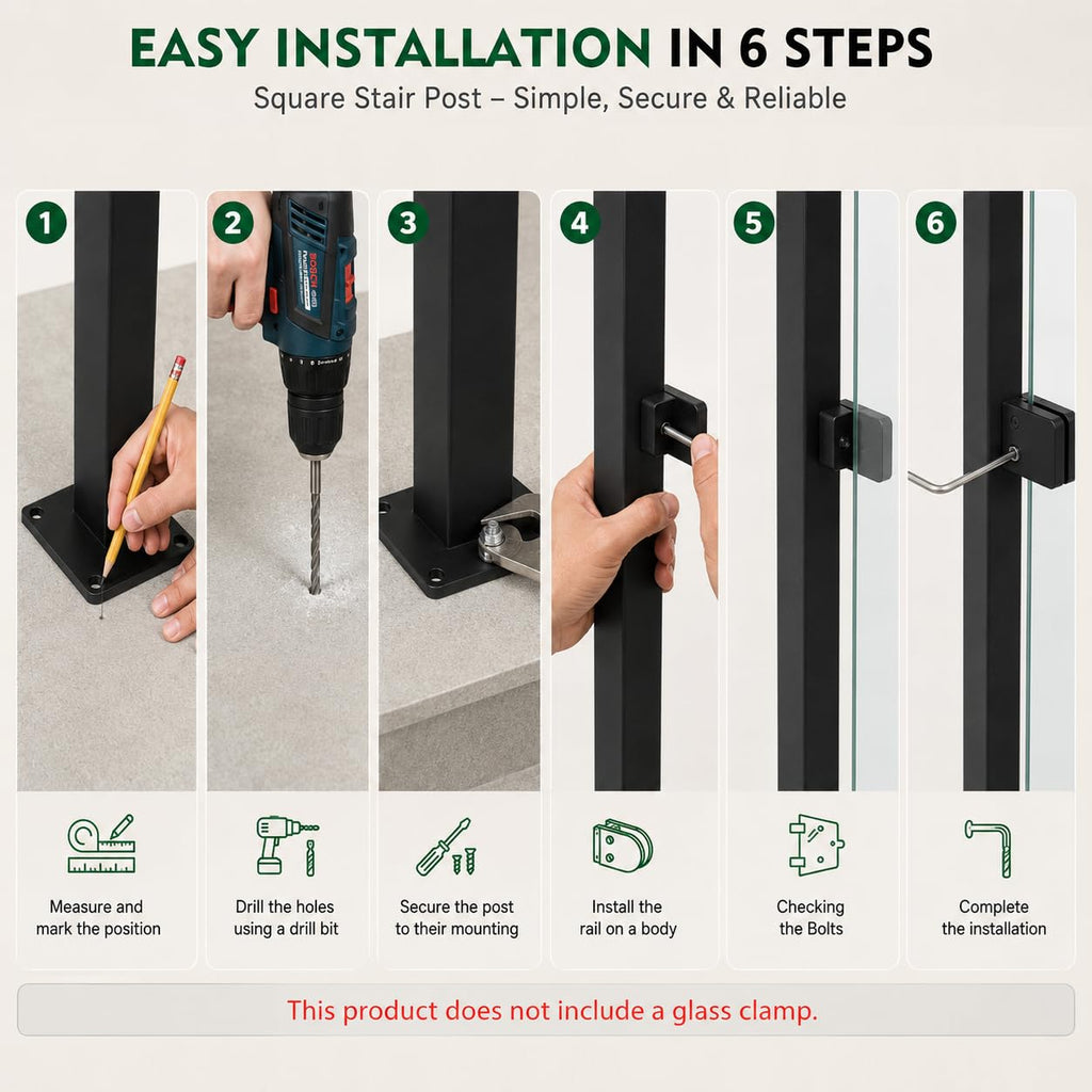 42-Inch Glass Railing Middle Post, 50mm, Black