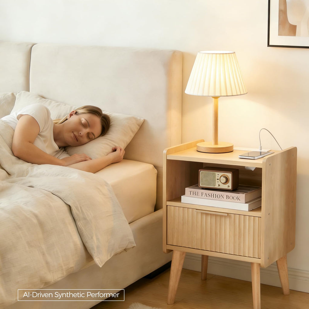 Natural Nightstand with Charging Station, Modern Fluted End Table