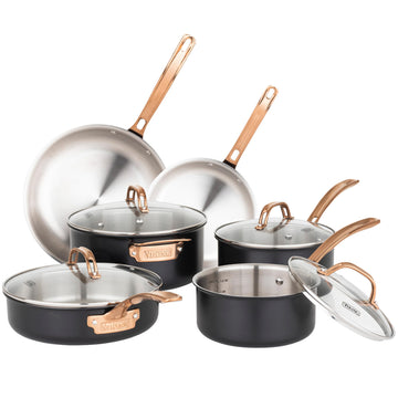 3-Ply Cookware Set, 10 Piece Stainless Steel Kitchen Cookware with Glass Lids, Oven Safe, Induction Ready, Black