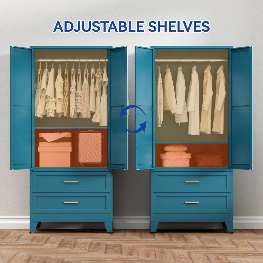 Metal Armoire Wardrobe Closet with Drawers, 71'' Tall Farmhouse Bedroom Armoires with Doors, Freestanding Steel