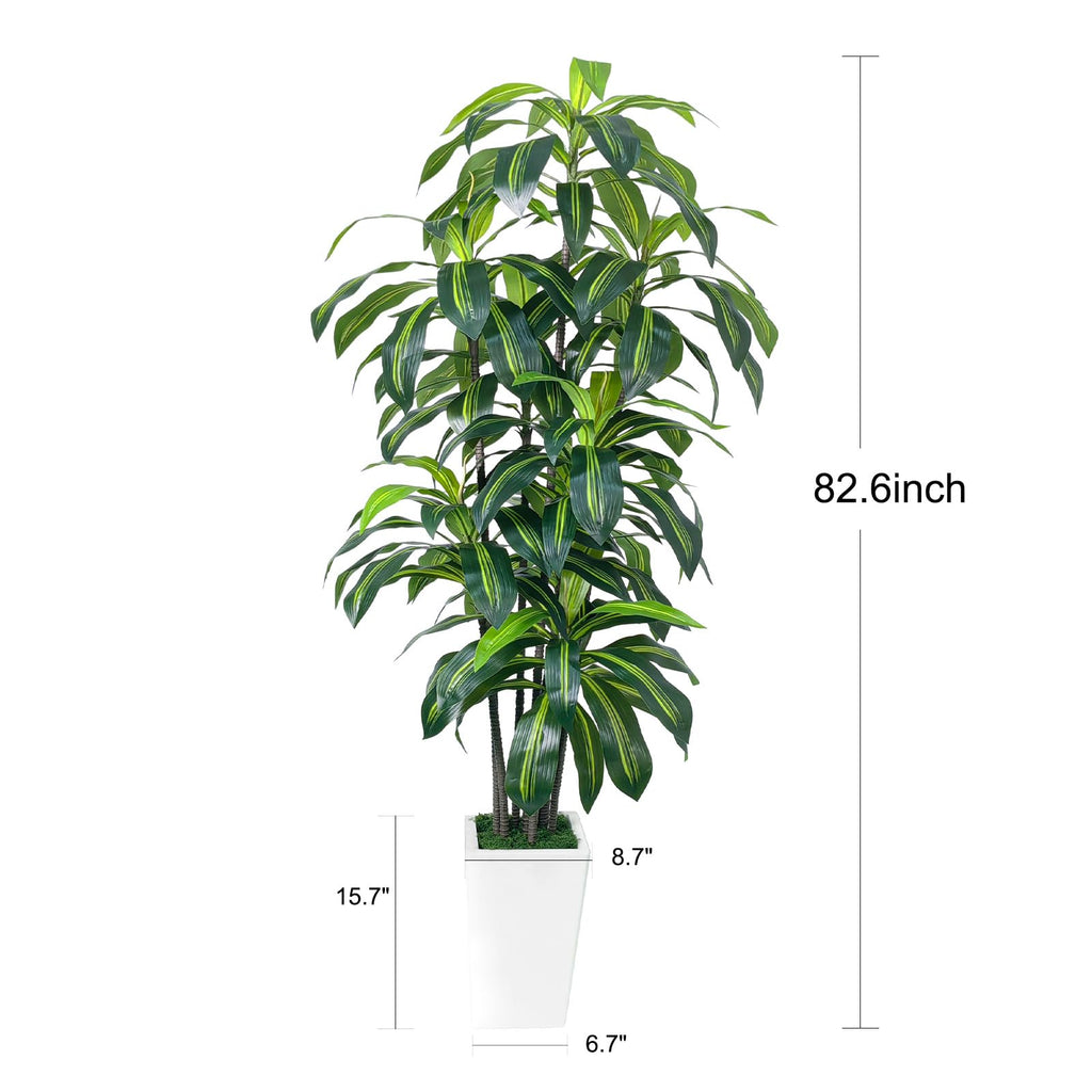 7FT Artificial Dracaena Tree, Fake Tree Indoor with White Tall Planter, Tall Artificial Plants Indoor, Artificial Silk