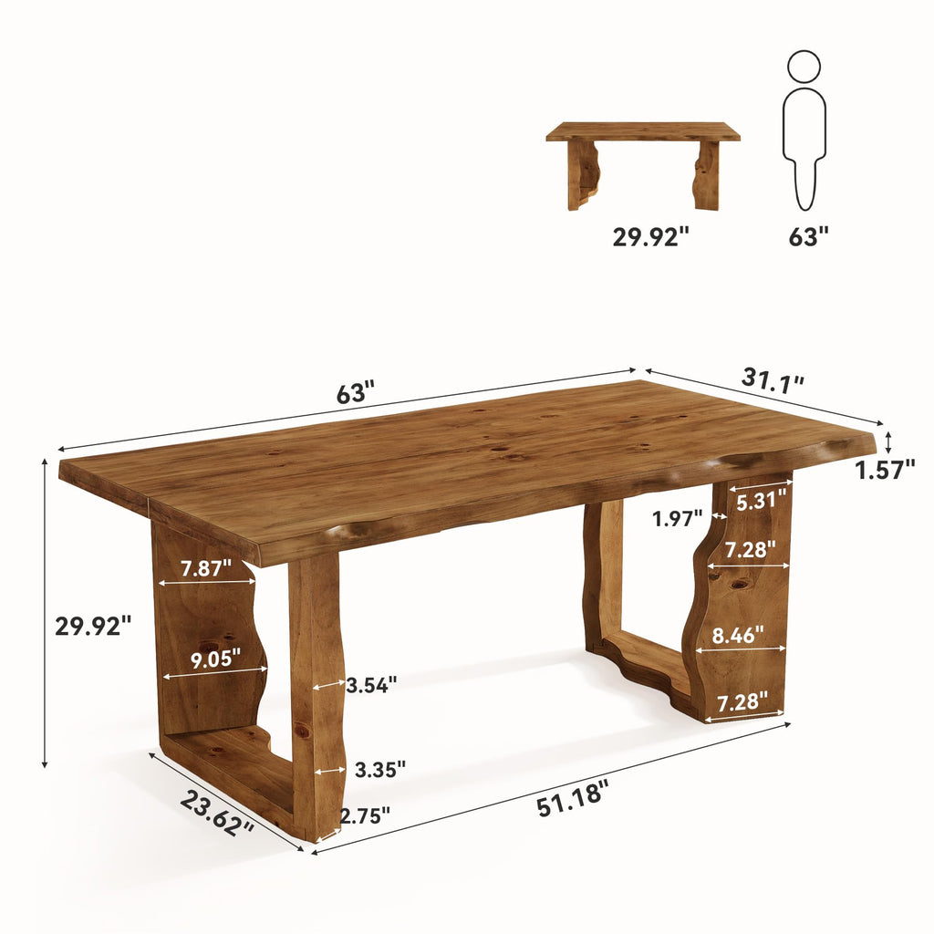 63" Live Edge Solid Wood Dining Table, Modern Rustic Kitchen Table with Sculptural Legs, 6-Person Rectangular Dinner