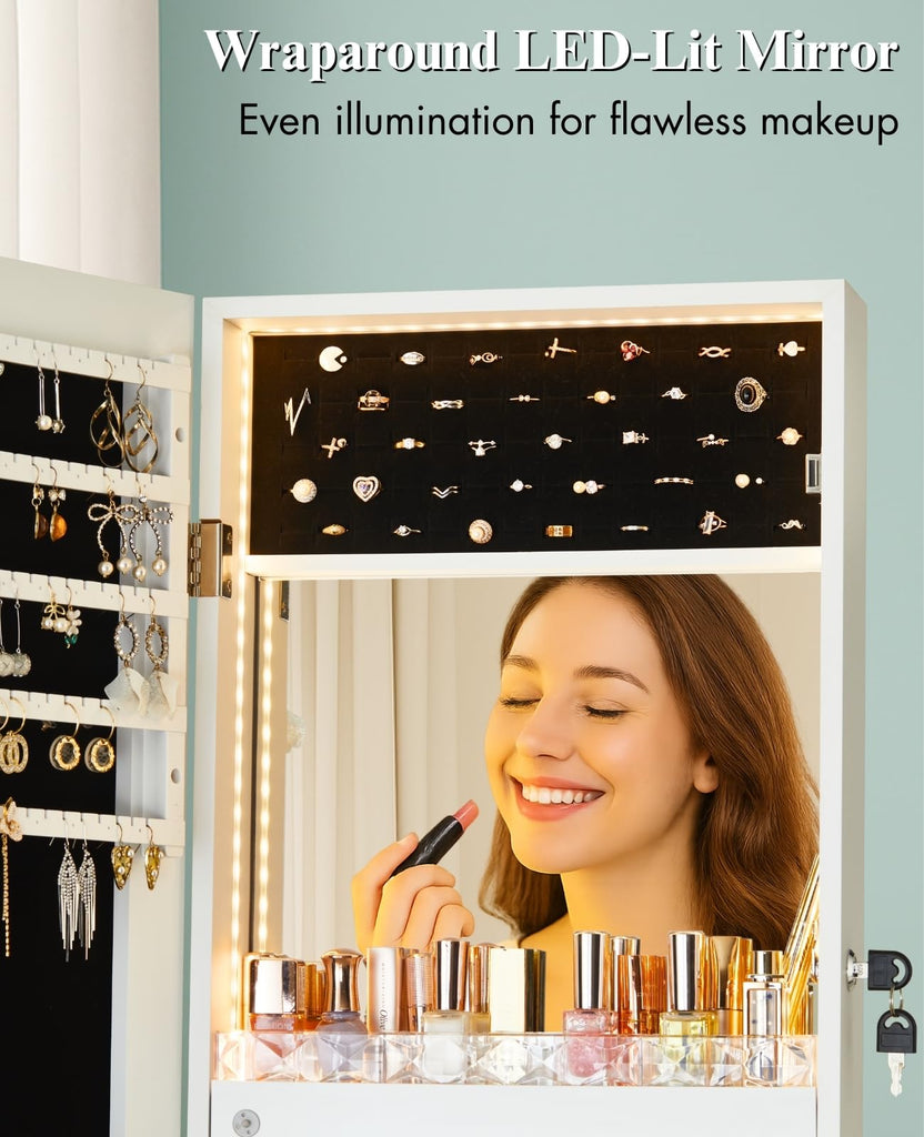 Full‐Length Standing Jewelry Armoire, 60 in Mirror with Storage