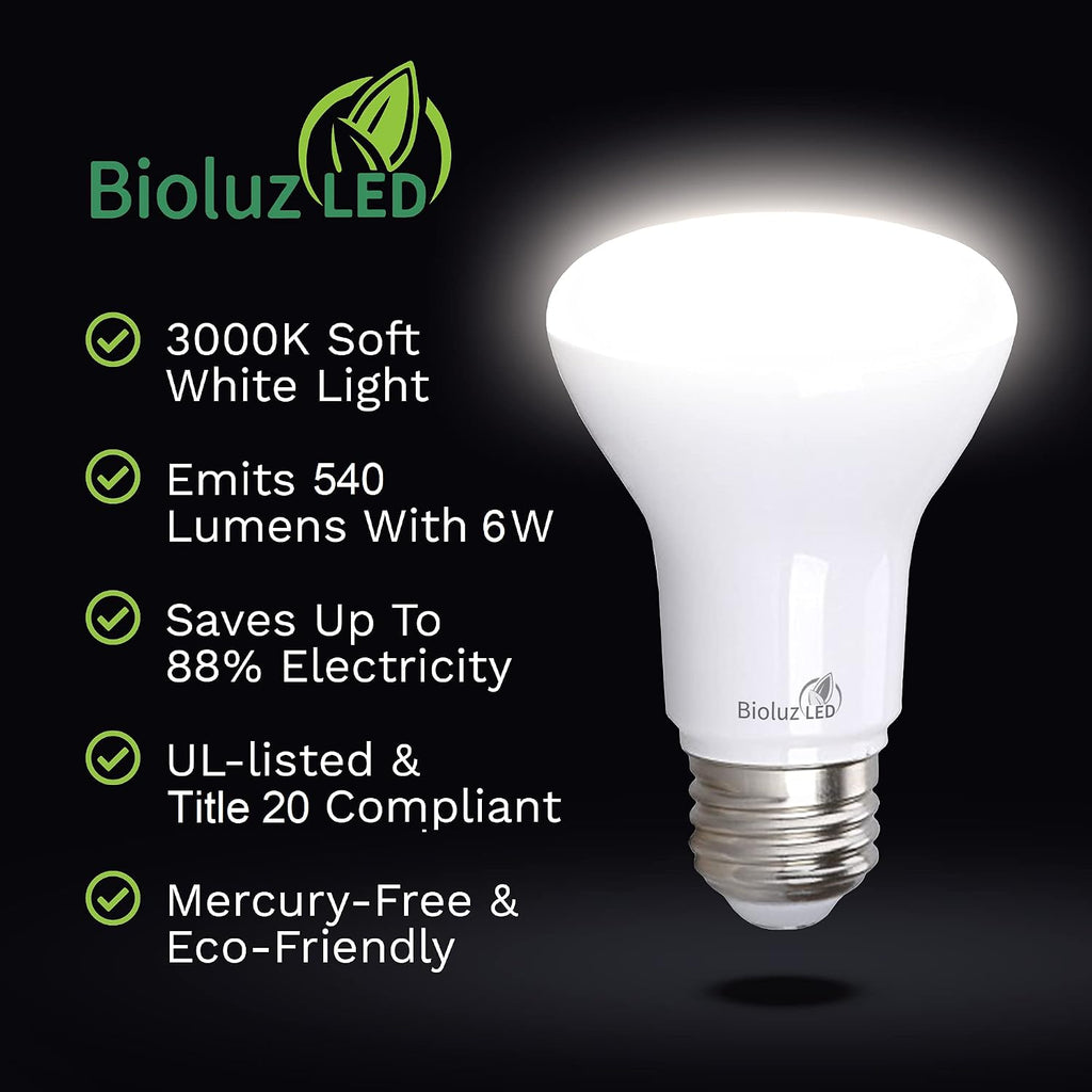 4 Pack BR20 LED Bulb 3000K Bright Soft White 6W=50W, 90 CRI, 540 Lumen, Dimmable LED Light Bulbs, Soft White Light