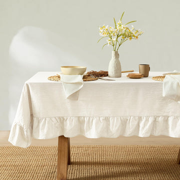 Ruffle Farmhouse Rustic Rectangle Natural Stonewashed Cotton Tablecloth (60x120 inch, White)