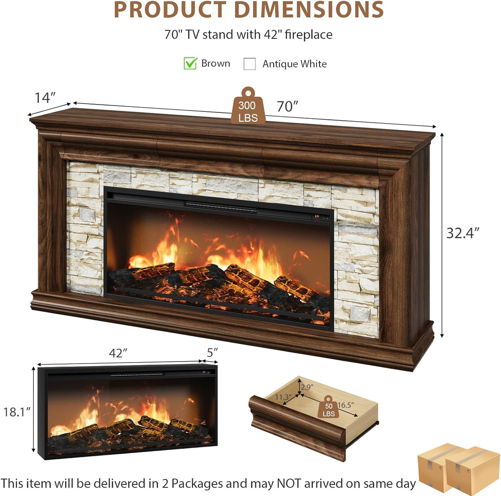QUW 70" Fireplace TV Stand Up to 80" TVs, 42" Modern Electric Fireplace with Mantel
