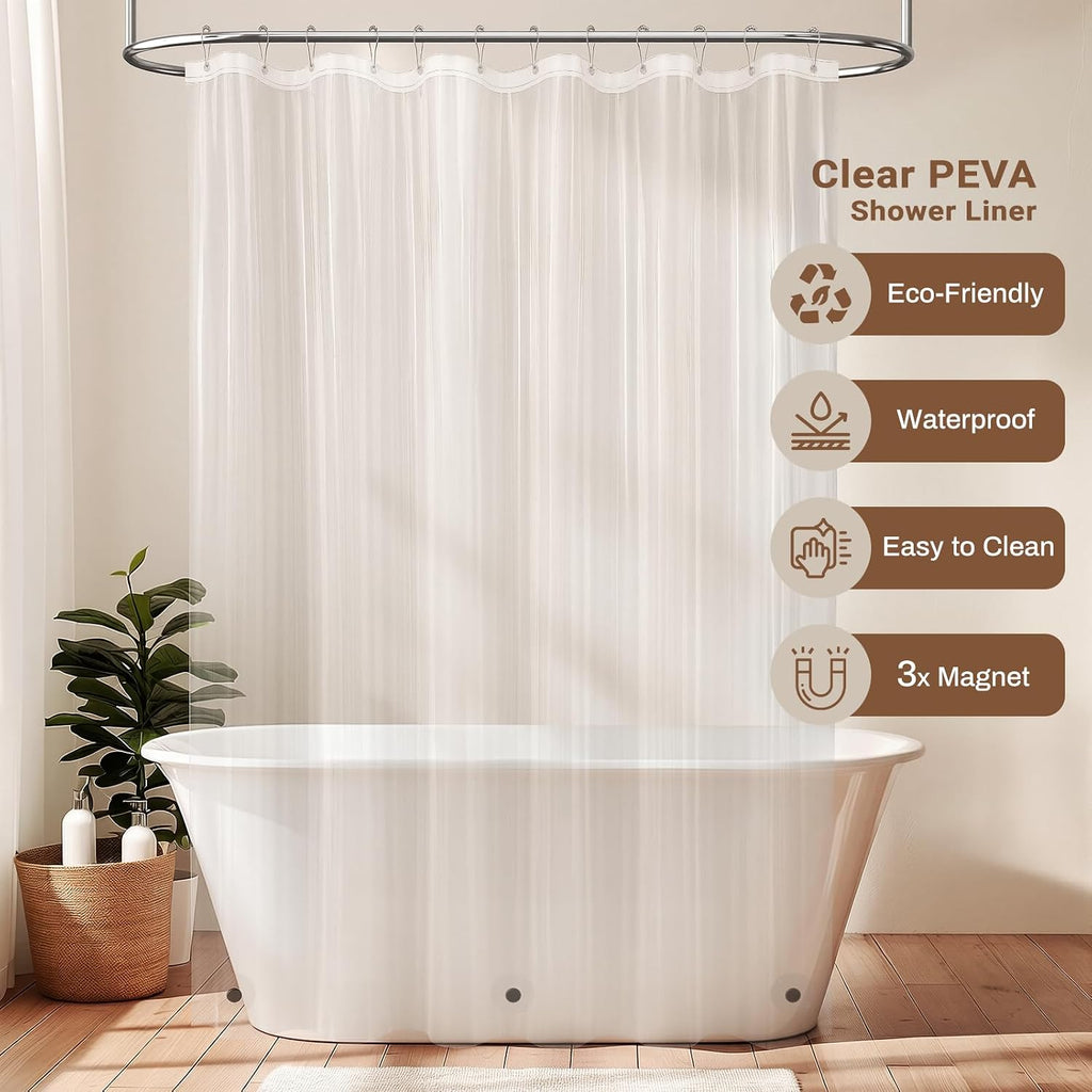 3 in 1 Tan Boho Linen Striped Shower Curtain with Liner, Taupe, 72x72 | Waterproof Clear PEVA Liner, 330GSM Heavy