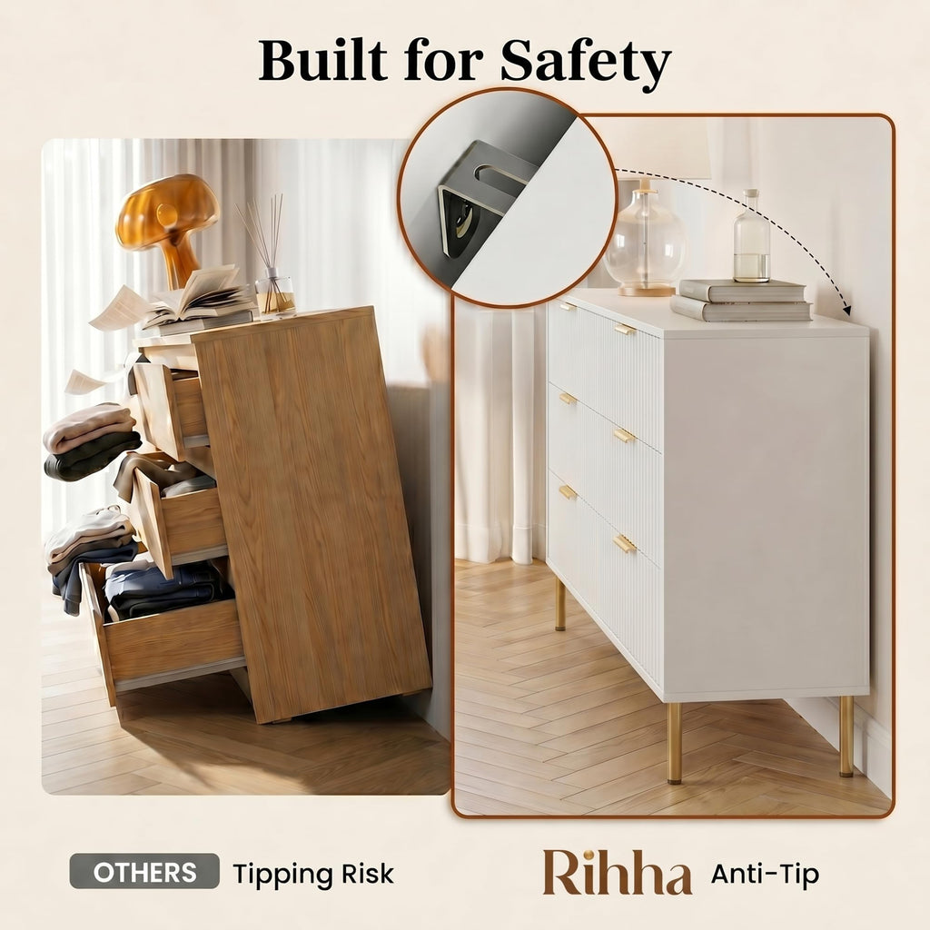 White and Gold 3-Piece Fluted Dresser and Nightstand Set