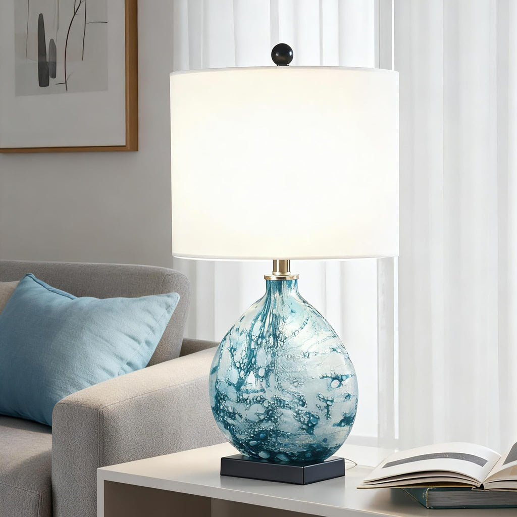 24" Coastal Glass Table Lamp, 3-Way Dimmable Blue Glass Bedside Lamp with White Drum Shade Bedroom Nightstand