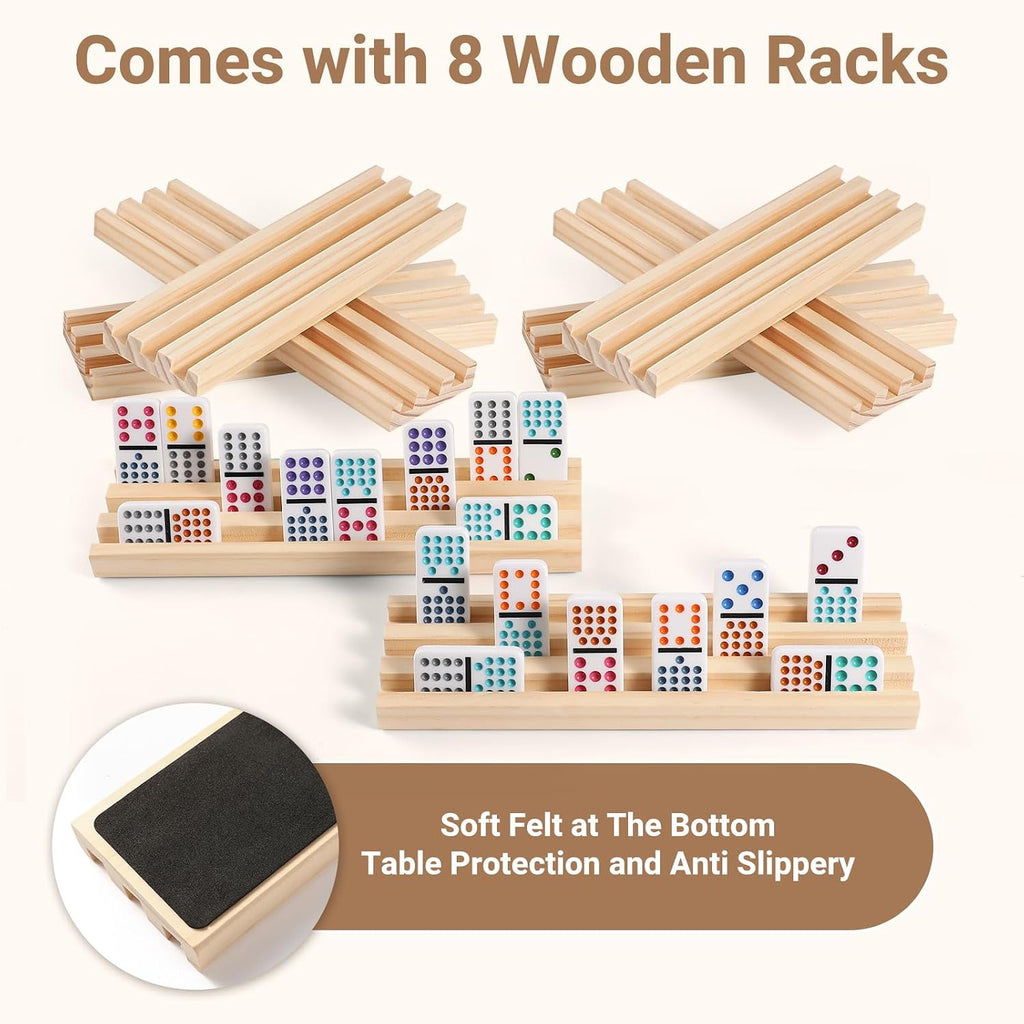Mexican Train Dominoes Set with 8 Wooden Trays/Racks, Double 15 Dominos Travel Set with 8 Tiles Holders, 136 Tiles - Set of 136