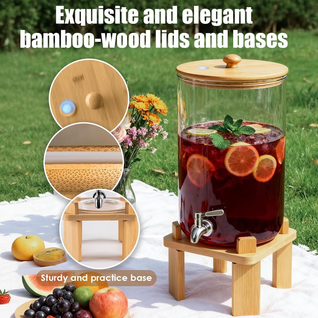 2.3 Gallon Large Glass Drink Dispenser for Parties, with Wood Stand, Juice & Lemonade Dispenser, Iced Beverage