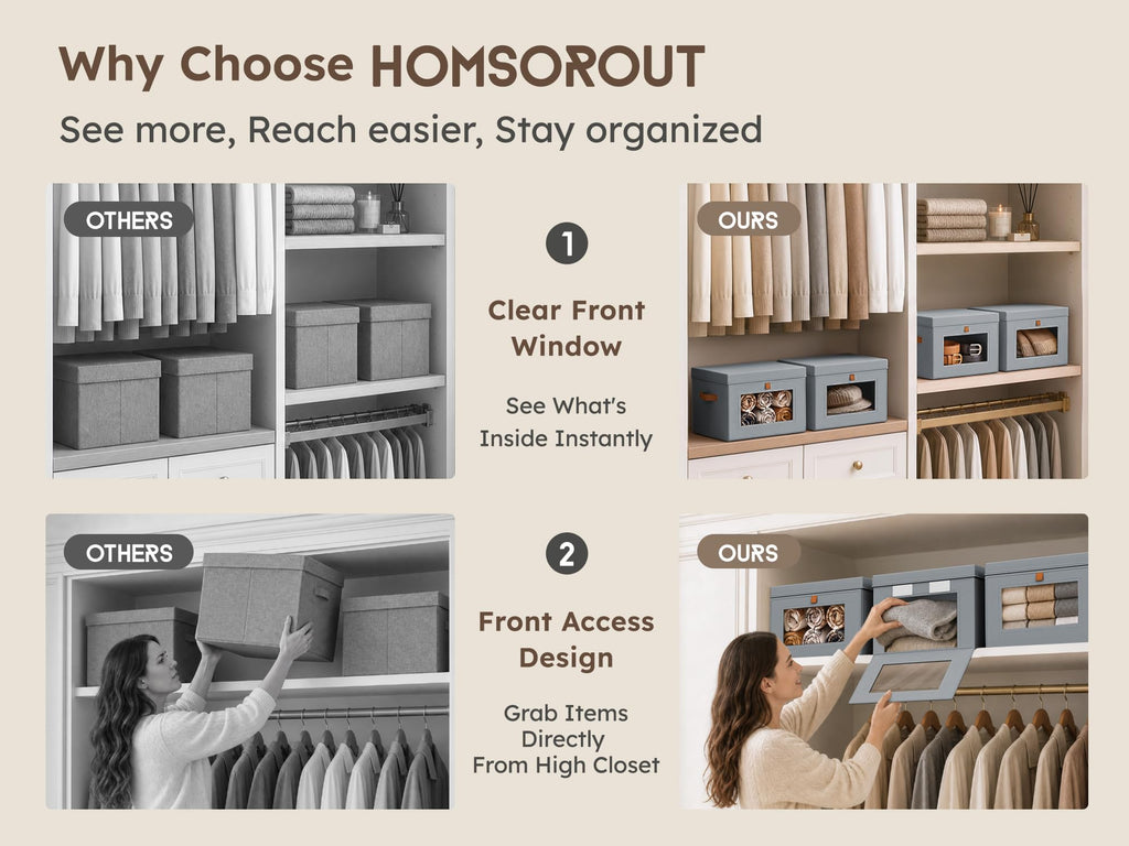 Small Bins - Closet Shelf Organizer with Open Window, 6 Pack, Grey