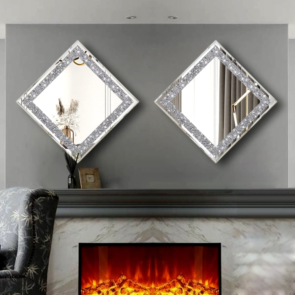 2 Piece Wall Mirrors, Crush Diamond Mirrors Decor, Silver Decorative Bedroom, Bathroom. (12"x12")