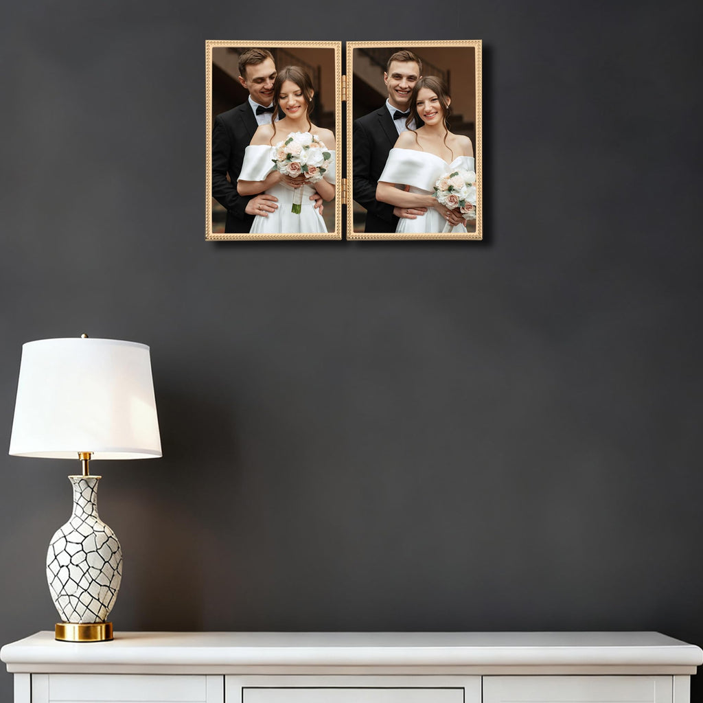 5x7 Double Hinged Picture Frame, Metal Beaded Design, Gold
