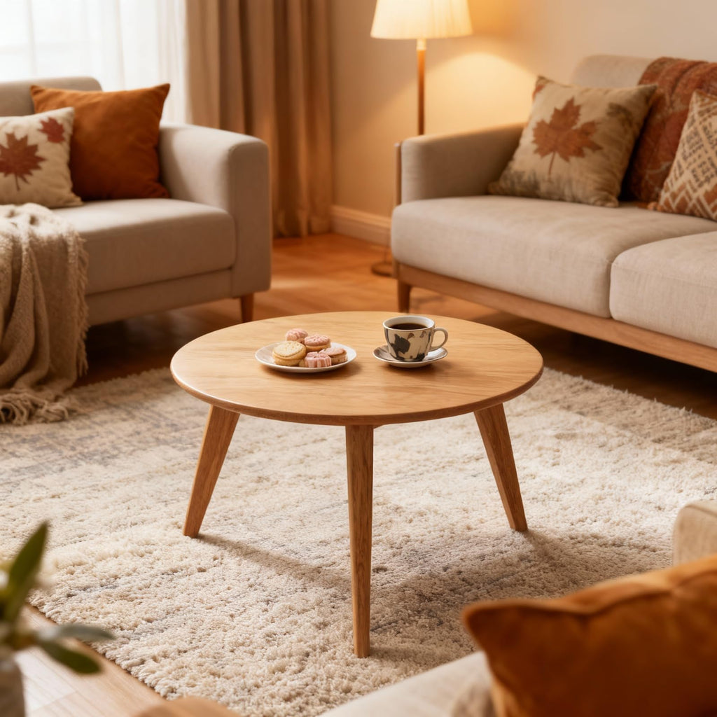 100% Solid Oak Wood Mini Coffee Table, Round Living Room Table Side Table w/Solid Wood Legs, Natural Minimalist