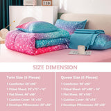 Queen Girls Bedding Set 6 Piece Blue Pink Comforter Set Kids Bed in A Bag Colorful Rainbow Glitter Bed Set Decoration