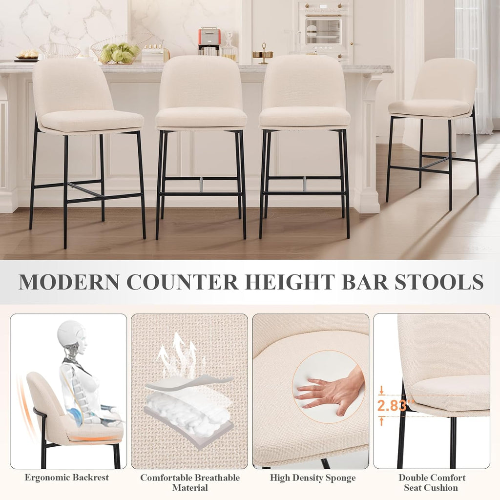 Counter Height Bar Stools Set of 2, 25 Inch Modern Fabric Kitchen Island Stools with Back, Upholstered Counter