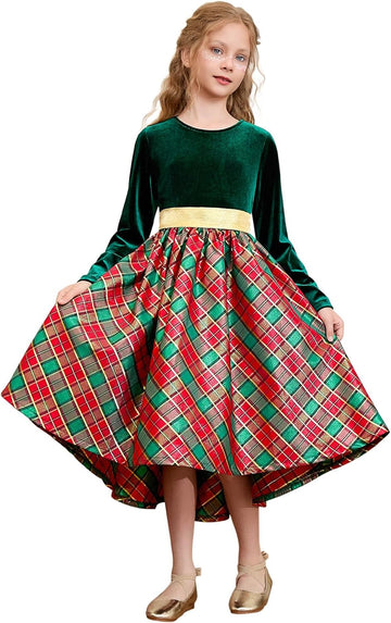 Christmas Dress Velvet Long Sleeve Holiday Dress Winter Party Classic Plaid Midi Princess Dress