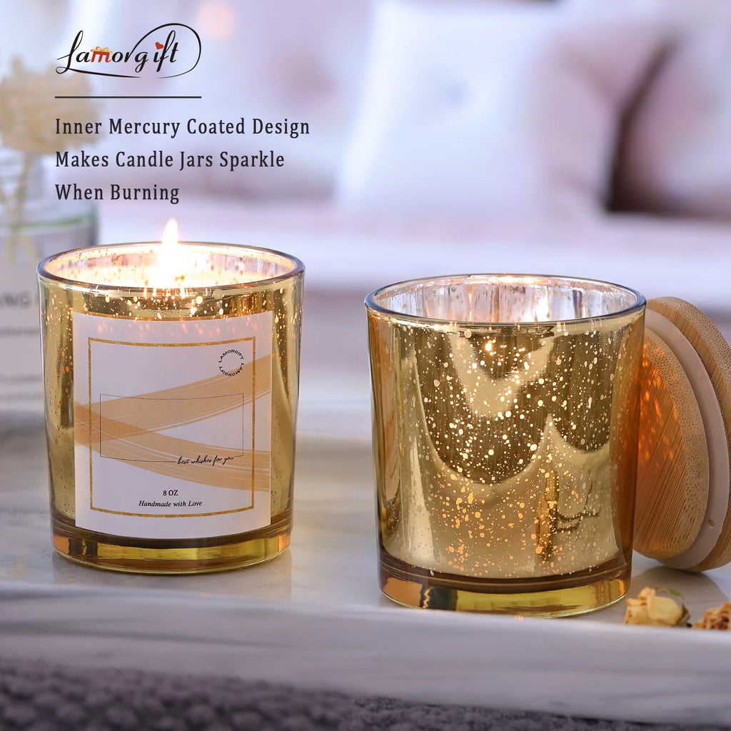 15 Pack Glass Candle Jars With Lids (8oz, Gold) - Empty Containers for Making Candles - Mercury Glass Jars With 20
