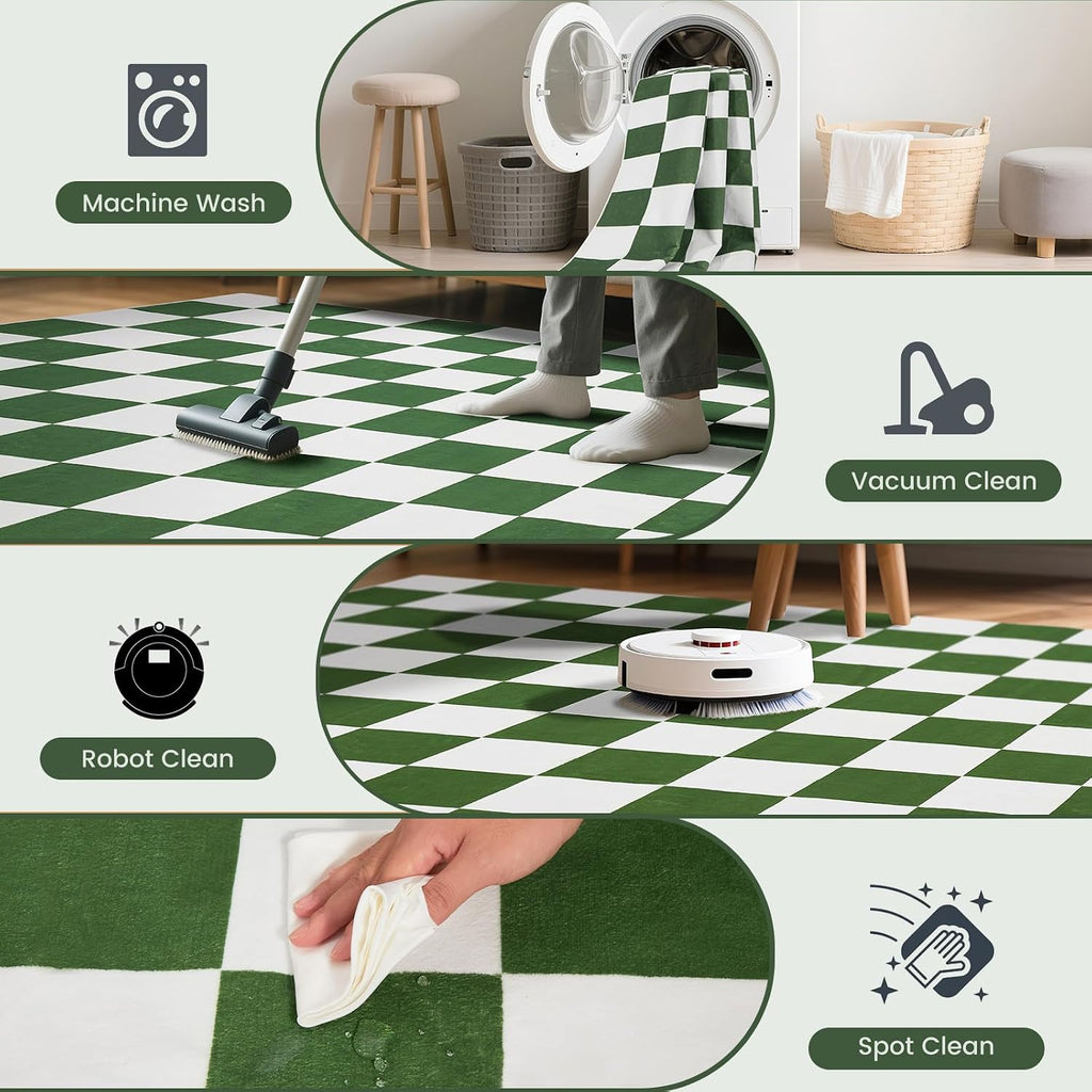 Washable Checkered Rug, 5x7 ft Green and White Rug, Low Pile Area Rugs with Non-Slip Backing Playroom Classroom