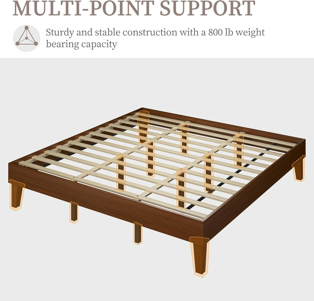 Solid Wood Platform Bed Frame Low-Profile Dark Walnut