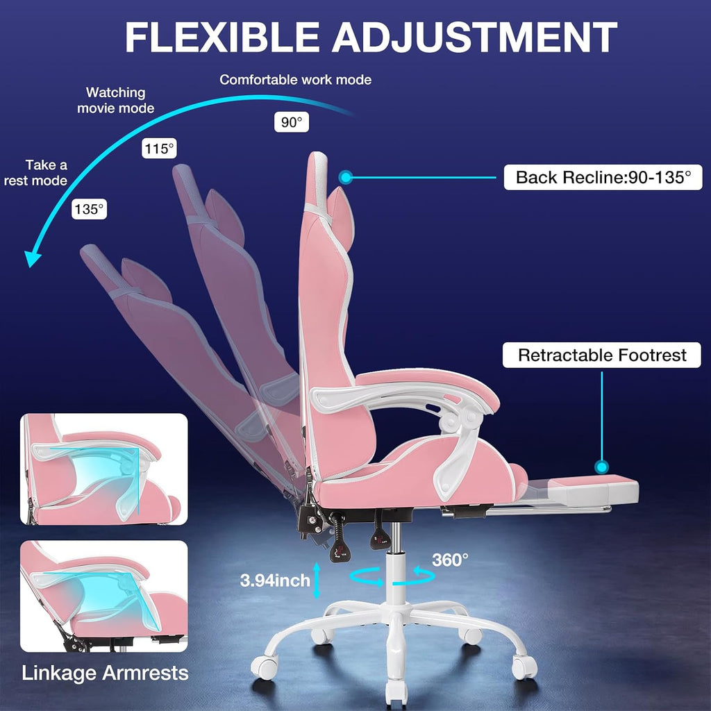 Pink Gaming Chair with RGB LED Lights Massage Computer Chairs for Girls | High Back Video Game Chair with Footrest &