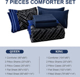 Luxudecor Blue Comforter Set King, 7 Pieces Stripe Geometric Bed in a Bag, Geometric Comforter and Sheet Set
