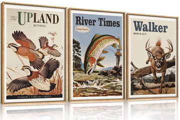 Vintage Hunting Framed Canvas Wall Art, Retro Deer Wild Birds Fishing Wall Decor, Nature Wilderness Posters Artwork