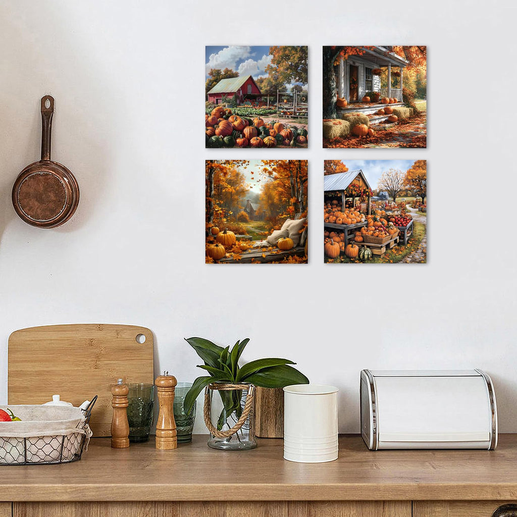 Rustic Fall Pumpkin Wall Art Farmhouse Barn Landscape Wall Decor Vintage Autumn Picture Bedroom Nature Country