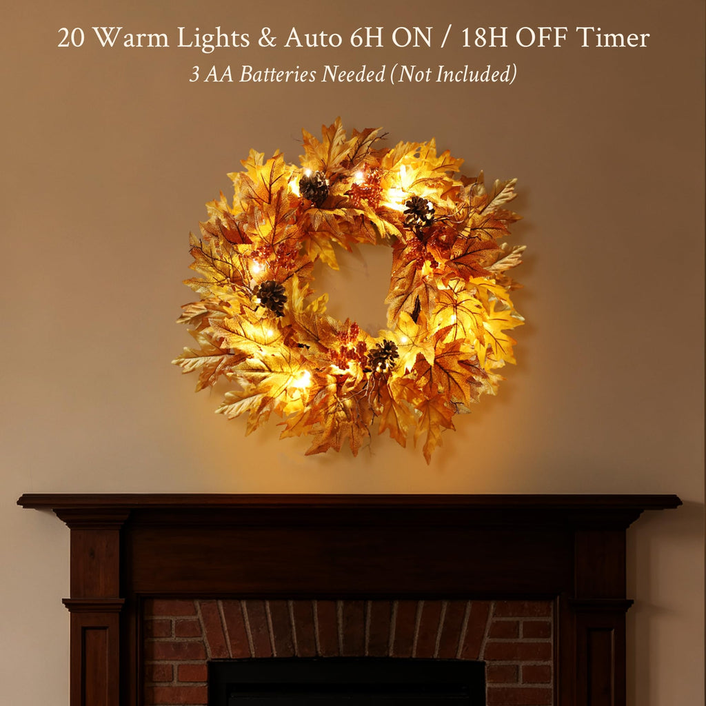 24in Pre-lit Fall Wreaths for Front Door with 20 Lights & Timer