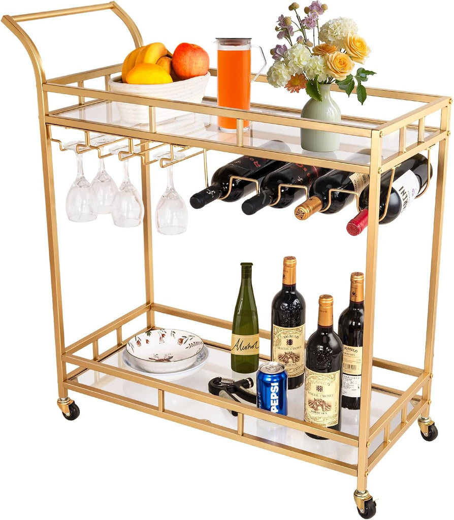 Gold Bar Cart, Gold Bar Cart with Wheels, Home Bar & Serving Carts with 2 Mirrored Shelves, Bar Carts for The Home