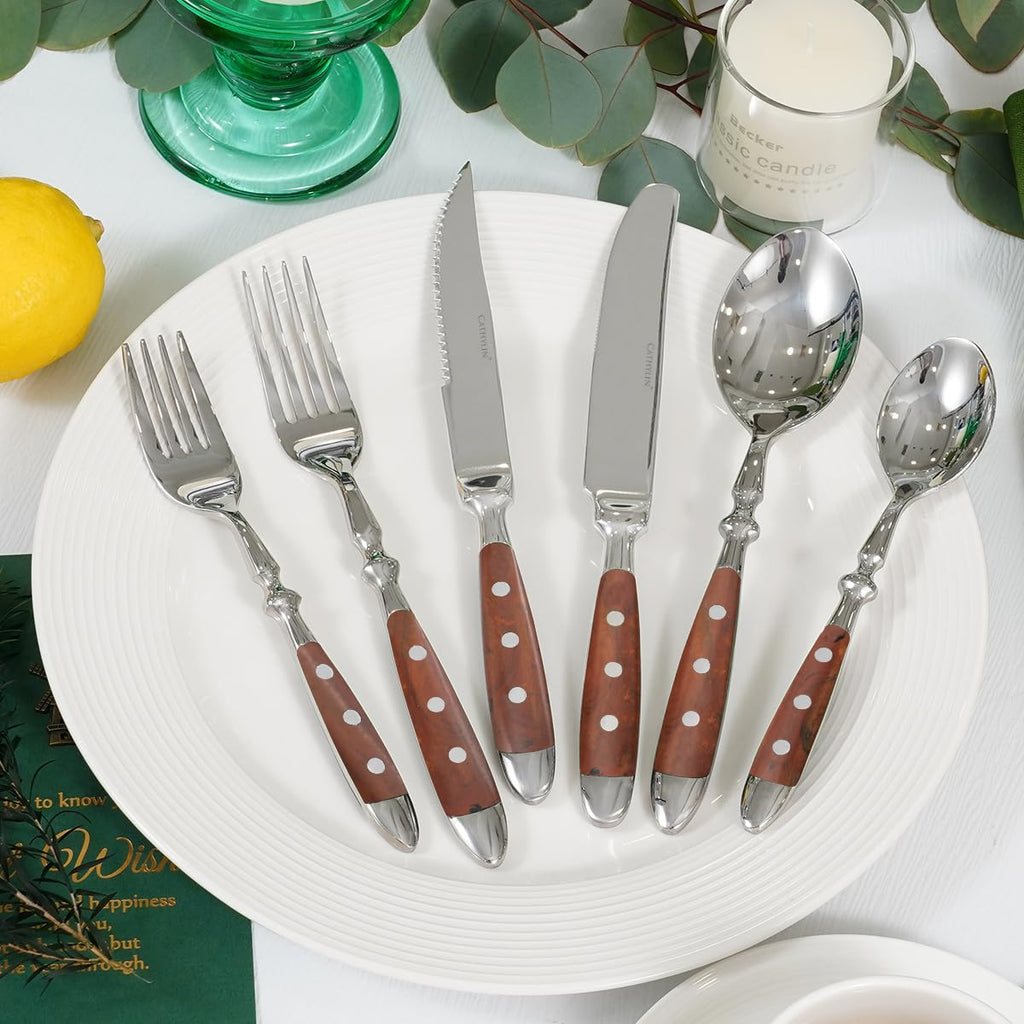 24-Piece 18/0 Stainless Steel Silverware set, Vintage Flatware set with Bakelite Handle, service for 4, Cutlery set