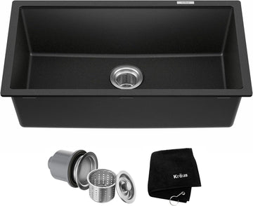 Black Onyx 31 in Undermount Granite Kitchen Sink KGU-413B | Quartz composite with metallic particles, heat-safe