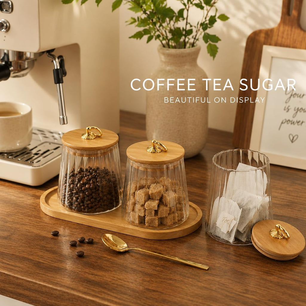 Coffee Tea Sugar Canister Set,22 oz / 650 ml Airtight Glass Storage Jars with Wooden Lids & Tray, Ribbed Clear - Set of 3