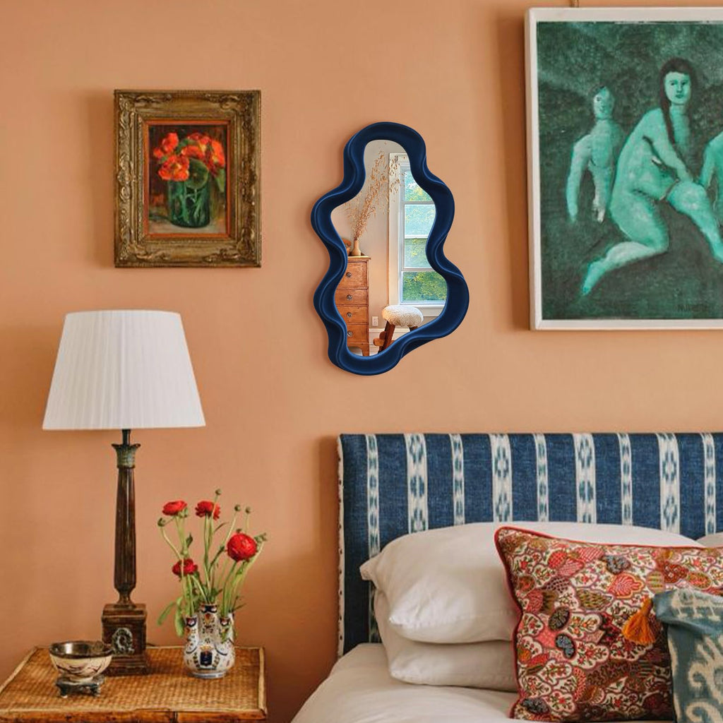 Irregular Wall Mirror Living Room Decor, Decorative Wavy Funky Mirrors with Flocking Touch, Modern Asymmetrical