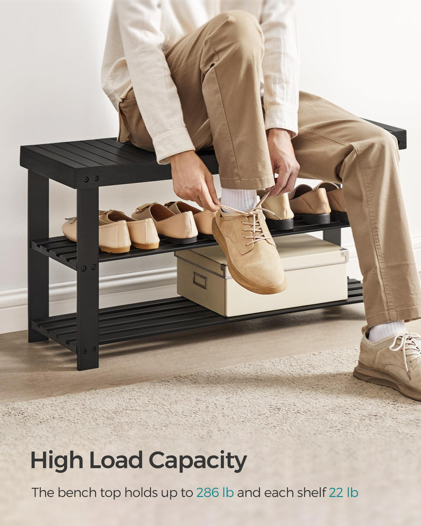 Shoe Rack Bench, 3-Tier Bamboo Entryway Bench, 35.2 Inches Width