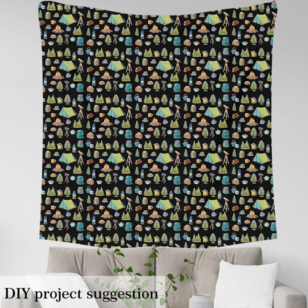 Black Camper Theme Fabric by The Yard Happy Camping Upholstery Fabric for Chairs Adventure Camper Soft Flannel Indoor
