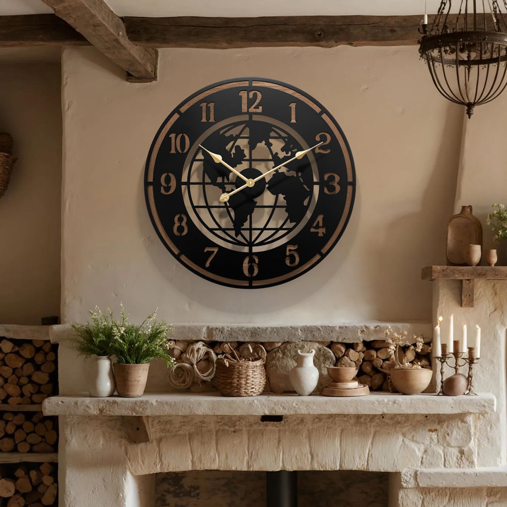Large World Map Wall Clock, 24" Wooden Minimalist Modern Clock