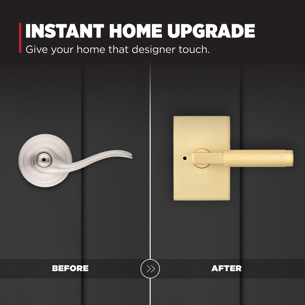 Prava Interior Privacy Door Knurled Handle with Lock, Door Lever , Satin Brass, Reversible Keyless Push Button Lock