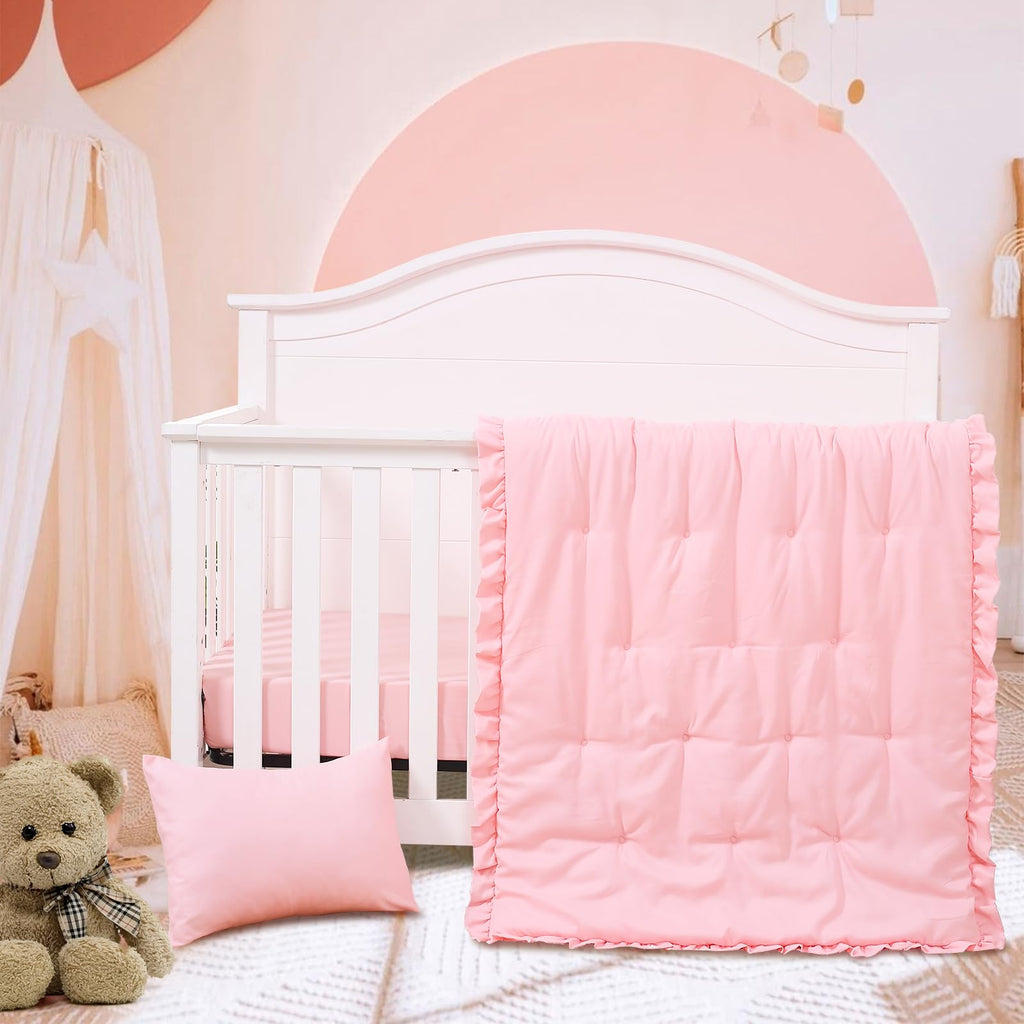 3 Piece Crib Bedding Set for Baby Girls Boys with Ruffle Pink